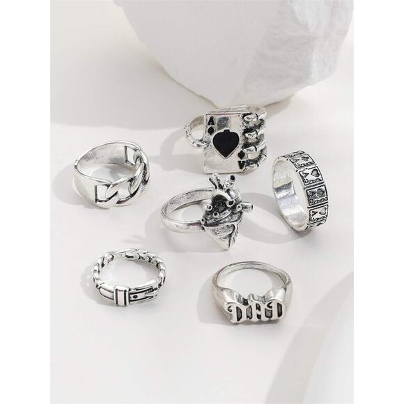 6x Silver Goth Emo Punk Rings Set – Heart Ace Dice Skeleton - Picture 3 of 5